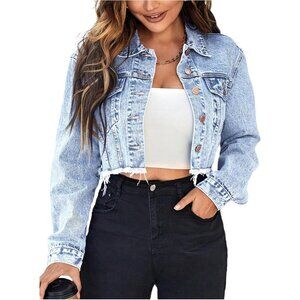 〽️Women's Light Wash Floerns Cropped Denim Long Sleeve Button Pockets Jacket